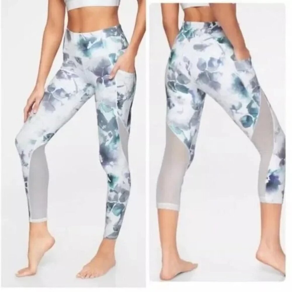 ATHLETA White Floral Mudra 7/8 Tight Leggings-Blue Multi SIZE SMALL